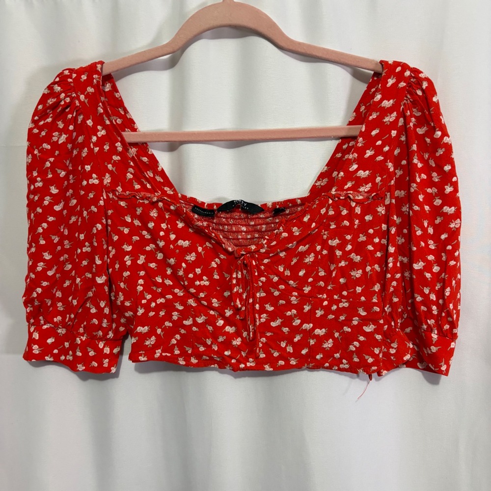 Obey Worldwide Orange Floral Puff Sleeve Capri Crop Top Square Neck XS